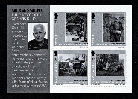Item no. S557 (stamp)
Type: stamp
Country: Isle of Man
Date of issue: 2009
Catalog number:
A set of 4 self-adhesive stamps (of a 8-stamp set “Mills and Millers”) showing reproductions of photographs by Manx photographer CHRIS KILLIP (b. 1946). At the margin shown is portrait of Ch. Killip, with a short account of his achievements.
Item no. S557 (stamp).jpg
