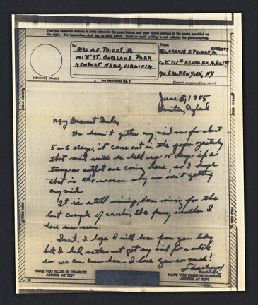 Item no. P1510b (letter)
Type: cover
Country: USA
Date of use: 6 June 1945
Original letter of a V-Mail correspondence (earth mail). The V-Mail Service (later called just V-Mail) was adopted by the United States during World War II to keep American soldiers serving abroad in touch with their relatives or friends. The service consisted in letters written on a pre-printed forms that were then microfilmed and sent as negative films to destination places. Later on they were enlarged and copied on photographic paper, and sent in special covers to individual addressees.
The service was earlier developed by British Post and called AIGRAPH Service.
Item no. P1510b (letter).jpg
