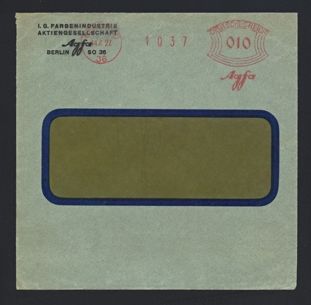 Item no. P1565 (cover)
Type: cover
Country: Germany
Date of use: 14 July 1927
Business stationery (cover) used by the company AGFA I. G. Farbenindustrie Aktiengesellschaft in Berlin (Germany), manufacturer of photographic materials (plates, films, papers, chemicals etc.).
Item no. P1565 (cover).jpg