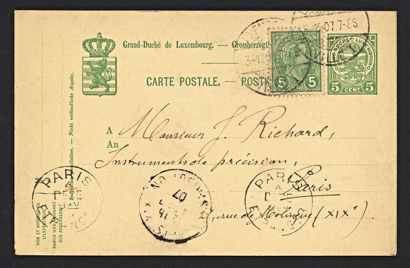 Item no. P1671a (postcard)
Type: cover
Country: Luxembourg
Date of use: 4 December 1907
Postcard (front of) sent as request for catalog to the company JULES RICHARD Instruments de Precision, manufacturer of measuring instruments and cameras in Paris (France). Item no. P1671a (cover).jpg