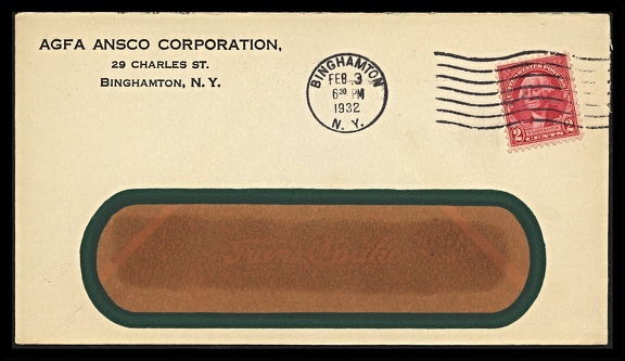 Item no. P1729 (cover)
Type: cover
Country: USA
Date of use: 3 February 1932
Business stationery used by the company AGFA ANSCO CORPORATION in Binghamton (New York, USA), manufacturer of photographic materials (films, papers, photographic chemicals) and cameras. This joint company was a merger of the company ANSCO of Binghamton (N.Y., USA) with German company AGFA, to form a corporation in order to compete with Eastman Kodak Company of Rochester (N.Y., USA).
Item no. P1729 (cover).jpg