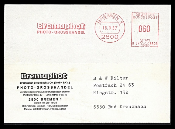 Item no. P1815 (postcard)
Type: cover
Country: Germany
Date of use: 18 September 1987
Business stationery (postcard, with advertising red frankmark) used by the company BREMAPHOT BIEDEBACH & Co. in Brema (Germany), wholesale dealers with photographic materials and equipment.
Item no. P1815 (postcard).jpg