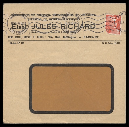 Item no. P1844 (cover)
Type: cover
Country: France
Date of use: 6 September 1951
Business stationery (cover) used by JULES RICHARD (1848 – 1930) in Paris (France), manufacturer of stereoscopic cameras (e.g. Vérascope and Glyphoscope), and various scientific and measuring instruments. In 1923 he founded private Technical College in Paris (Lycée Technologique privé), where trained were also future workers for his factory.
Item no. P1844 (cover).jpg