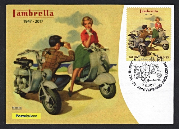 Item no. P1888 (maxicard)
Type: cover
Country: Italy
Date of issue: 3 June 2017
Maxicard with stamp commemorating the 70th anniversary (1947 - 2017) of marketing the LAMBRETTA scooter. The stamp, the cachet and the cancel show the same image of a man photographing a woman sitting on a scooter.
Item no. P1888 (maxicard).jpg
