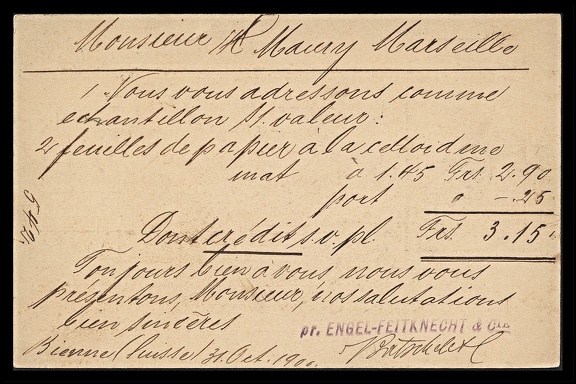 Item no. P1910b (postcard)
Type: cover
Country: Switzerland
Date of use: 1 November 1900
Postal card (back of) adopted for business correspondence by the company ENGEL-FEITKNECHT & Cie. in Biel (Bienne, Switzerland). The company was founded in 1878 by Alfred Engel-Feitknecht (1850 – 1899) in Twann (Switzerland) as a manufacturer of photographic dry plates. The business soon expanded into import/export of photographic materials and equipment, and even also in manufacturing cameras of own design. A. Engel-Feitknecht was also author of several patent solutions that improved the construction and operation of cameras. His photographic activity brought him several awards at exhibitions. The company was moved to Biel after his death.
Item no. P1910b (postcard).jpg