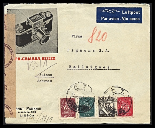 Item no. P1940 (cover)
Type: cover
Country: Portugal
Date of use: 1943
Business stationery (cover) used by the company ERNST PANKNIN in Lisbon (Lisboa, Portugal), warehouse with photographic equipment. The cachet advertises 35mm SLR camera ALPA REFLEX (earlier called VITEFLEX), manufactured by the company Pignons S.A. in Ballaigues (Switzerland), to which the letter was addressed. The cover bears military censorship marks used during WW II.
Item no. P1940 (cover).jpg