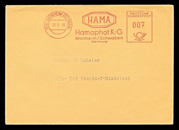 Item no. M536 (meter)
Type: frankmark
Country: Germany
Date of use: 30 May 1959
Meter on cover advertising the company HAMA - HAMAPHOT in Monheim (Schwaben, Germany), manufacturer of photographic accessories, and later - electronic equipment. The company was founded in 1923 by Martin Hanke as HAMAPHOT K.G. in Dresden.
Item no. M536 (meter).jpg