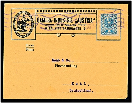 Item no. P1985 (cover)
Type: cover
Country: Austria
Date of use: 27 August 1921
Business stationery (cover) used by the company CAMERA-INDUSTRIE “AUSTRIA” (Wilh. Müller) in Vienna (Wien, Austria), camera manufacturer and trader. The company was established in 1900 by Wilhelm Müller (1849 – 1928) bookseller, photographer, publisher of books, maps, press photographs, maps etc.
Item no. P1985 (cover).jpg