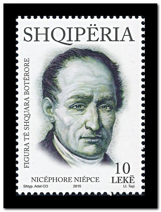 Item no. S634 (stamp)
Type: stamp
Country: Albania
Date of issue: 2015
Catalog number:
Stamp, of a 4-stamp set honoring world’s personalities. It shows portrait of JOSEPH NICÉPHORE NIÉPCE (1765 – 1833), French scientist, inventor of photography.
Item no. S634 (stamp).jpg