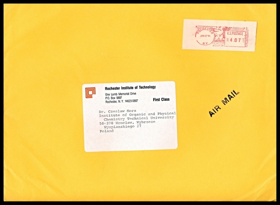 Business stationery (cover/mailer) used by the company Rochester Institute of Technology in Rochester (New York, USA). It was dated 25 April 1991 and addressed to Dr. Czesłam MORA, scientist at the Technical University of Wrocław. xxxx US mailer RIT 91.jpg