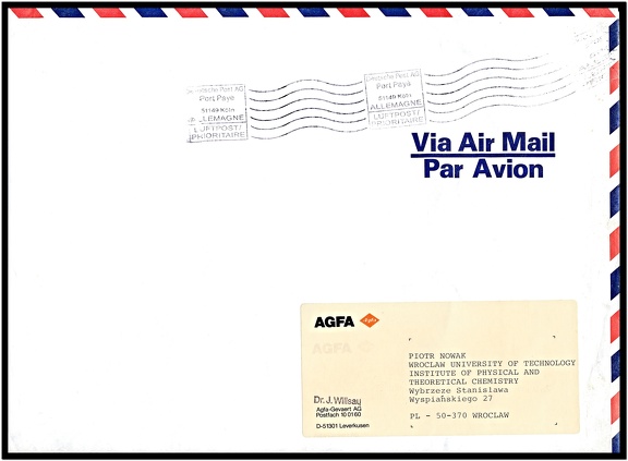 Business stationery (cover/mailer) used by the company AGFA-GEVAERT in Leverkusen (Germany). It was sent by Dr. Johannes WILSAU, who was involved in research on silver halide photographic emulsions, to Dr. Piotr NOWAK of Katedra/Zakład Fototechniki at Technical University of Wrocław. xxxx BRD mailer AGFA 80s.jpg