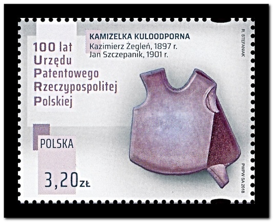 Item no. S652 (stamp)
Type: stamp
Country: Poland
Date of issue: 2018
Catalog number:
Stamp, of a 4-stamp set issued in form of a souvenir sheet issued to commemorate the centenary of the Polish Patent Office. It stamp honors two inventors of bulletproof vests - Kazimierz Żegleń, and → JAN SZCZEPANIK (1872 – 1926), inventor in the field of design of weaving machines, of television, of film and of color photography. Jan Szczepanik became known around the world in 1902, when a carriage lined with bulletproof fabric of his design saved the life of King Alfonso XIII of Spain, from the bombing assassination attempt.
Item no. S652 (stamp).jpg