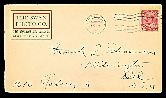 Item no. P2153 (cover)
Type: cover
Country: Canada
Date of use: 23 March 1908
Business stationery (cover) used by the company The SWAN PHOTO Co. in Montreal, photographic warehouse and studio.
Item no. P2153 (cover).jpg