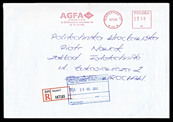 Item no. M557 (meter)
Type: frankmark
Country: Poland
Date of use: 23 June 2003
Red meter on registered cover used by the company AGFA Sp. z o.o. in Warszawa (Poland). It was sent to Piotr Nowak of Katedra Fototechniki at the Technical University of Wrocław.
Item no. M557 (meter).jpg