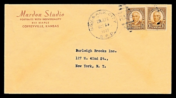 Item no. P2194 (cover)
Type: cover
Country: USA
Date of use: 25 October 1937
Business stationery (cover) used by the MARDON Studio (Portraits with Individuality) in Coffeyville (Kansas, USA). The letter was addressed to the company Burleigh Brooks Inc. in New York (New York, USA), importer and seller of German-made cameras and accessories. The company still exists today.
Item no. P2194 (cover).jpg