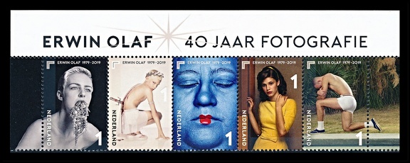 Item no. S665 (stamp)
Type: stamp
Country: The Netherlands
Date of issue: 2019
Catalog number:
Set of 5 stamps in form of a souvenir sheet commemorating 40 years (1979 – 2019) of photographic activity of ERWIN OLAF SPRINGVELD (b. 1959), and honoring his 60th birthday, Dutch photographer and interdisciplinary artist.
Item no. S665 (stamp).jpg