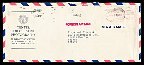 Item no. P2232a (cover)
Type: cover
Country: USA
Date of use: 29 August 1979
Business stationery (cover) used by the company CENTER FOR CREATIVE PHOTOGRAPHY in Tucson (Arizona, USA), department of University of Arizona in Tucson. The cover was used for international correspondence (to Poland). CCP is one of the world's finest academic art museums and study centers for the history of photography. The Center opened in 1975, following a meeting between the University President John Schaefer and Ansel Adams. Beginning with the archives of five living master photographers—Ansel Adams, Wynn Bullock, Harry Callahan, Aaron Siskind, and Frederick Sommer—the collection has grown to include 270 archival photographic collections.
Item no. P2232a (cover).jpg