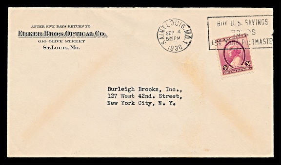 Item no. P2253 (cover)
Type: cover
Country: USA
Date of use: 4 September 1936
Business stationery (cover) used by the company ERKER BROS OPTICAL Co. in St. Louis (Missouri, USA). The company was founded in 1879 by A. P. Erker, photographer – one of the official photographers of 1904 World’s Fair in St. Louis. His brother, August Erker joined the company later. The Erkers used to sell “everything with a lens, from eyeglasses, sunglasses, prescription lenses to cameras, goggles and microscopes”. In the mid-1900s, Erkers opened the most advanced optical laboratory in the US. They manufactured cut and grinded lenses for all types of optical frames, using the most state-of-the-art technology at that time.
Item no. P2253 (cover).jpg