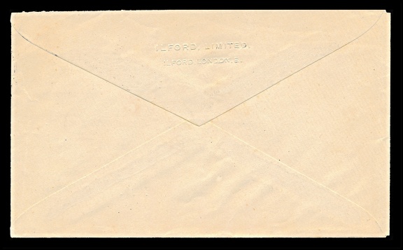Item no. P2317b (cover)
Type: cover
Country: Great Britain
Date of use: 21 February 1946
Business stationery (cover, back of) used by the company ILFORD LIMITED in Ilford (Essex, London, Great Britain), manufacturer of photographic films, papers and chemicals. The letter was used for international correspondence (to USA). The name of the company forms a relief embossed at the back of the cover. The postage stamp used is a perfin i.e. stamp bearing small round holes punched to form pattern of the company name's acronym IL .
Item no. P2317b (cover).jpg