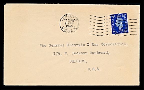 Item no. P2317a (cover)
Type: cover
Country: Great Britain
Date of use: 21 February 1946
Business stationery (cover, front of) used by the company ILFORD LIMITED in Ilford (Essex, London, Great Britain), manufacturer of photographic films, papers and chemicals. The letter was used for international correspondence (to USA). The postage stamp used is a perfin i.e. stamp bearing small round holes punched to form pattern of the company name's acronym IL .
Item no. P2317a (cover).jpg