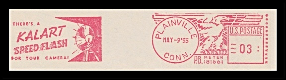 Item no. M561 (meter)
Type: frankmark
Country: USA
Date of use: 9 May 1955
Special red frankmark advertising “Speed flash”, a product of the company KALART Manufacturing Co. in Plainville (Connecticut, USA). The company was founded in 1930 by Morris Schwartz, to work in the photographic industry (film editing and splicing equipment, camera range finders, flash units etc.), also publisher and distributor of books on various aspects of photography.
Item no. M561 (meter).jpg