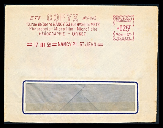Item no. M567 (meter)
Type: frankmark
Country: France
Date of use: 17 March 1959
Red meter on cover used by the company COPYX in Nancy (France), that offers various copying and printing techniques (microfilms, microfiches, photographic copies, offset printing).
Item no. M567 (meter).jpg