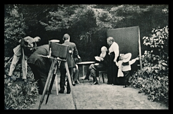 Item no. AP122b (ad postcard)
Type: cover
Country: Russia (Soviet Union)
Date of issue: 1983
Postcard (back of) showing preparations for photographic session that took place on 19 May 1910 in a garden, property of count Leo (Lev) Nikolayevich TOLSTOY, Russian writer. Shown are L. N. Tolstoy (sitting), his eldest daughter countess Tatyana Lvovna (wife of Mikhail Sergeevich Sukhotin), her children and the staff of photographers. The photograph was taken by E. P. Sukhotin.
Item no. AP122b (ad postcard).jpg