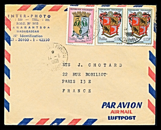 Item no. P2425 (cover)
Type: cover
Country: Repoblika Malagasy (Madagascar)
Date of use: 14 June 1966
Business stationery used by the company INTER-PHOTO in Fianarantsoa (Madagascar), warehouse with photographic equipment and materials. The letter was addressed to the company J. Chotard in Paris (France), exporter/importer dealing with photographic and cinematographic equipment and materials.
Item no. P2425 (cover).jpg