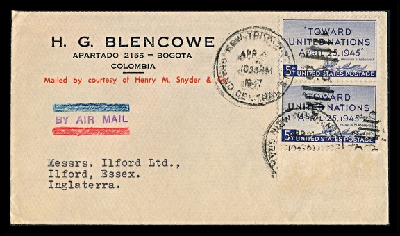 Item no. P2432 (cover)
Type: cover
Country: Colombia
Date of use: 4 April 1947
Business stationery (cover) used by the company H. G. BLENCOWE, importer and manufacturers’ agent in Bogota (Colombia). The company dealt with photographic supplies, bicycles, watches and wrapping paper. The letter was sent to ILFORD Ltd. (Ilford, Essex, Great Britain) by courtesy Henry M. Snyder & Co., publisher and supplier of North America’s books to South American countries.
Item no. P2432 (cover).jpg