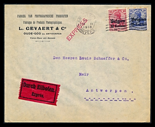 Item no. P2452 (cover)
Type: cover
Country: Belgium
Date of use: 12 November 1916
Business stationery (cover of an express letter) used by the company L. GEVAERT & Co. Fabriek van Photographische Produkten in Oude-God (Antwerpen), manufacturer of photographic plates, films, papers and chemicals.
Item no. P2452 (cover).jpg