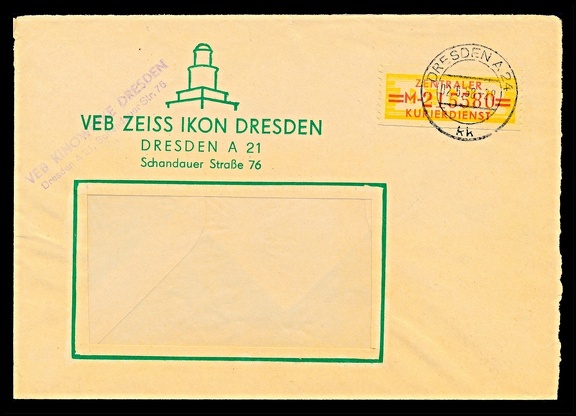 Item no. P2459 (cover)
Type: cover
Country: Germany (DDR)
Date of use: 2 May 1958
Business stationery (cover) used by the state company VEB ZEISS IKON DRESDEN in Dresden (Germany), manufacturer of cameras. The company was in further years renamed to Veb Kinowerke Dresden and evan later included in the group of enterprises PENTACON DRESDEN. The basic company Zeiss Ikon, was founded in 1926 as a merger of four camera makers (Contessa-Nettel, Ernemann, Goerz and Ica).
Item no. P2459 (cover).jpg