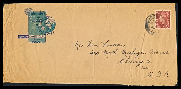 Item no. P2460 (cover)
Type: cover
Country: Great Britain
Date of use: 20 June 1948
Business stationery (cover) used by the RUNCORN CAMERA CLUB in Runcorn (Cheshire, Great Britain) for correspondence with participants in the International Exhibition of Photography, that was organized by the club.
Item no. P2460 (cover).jpg