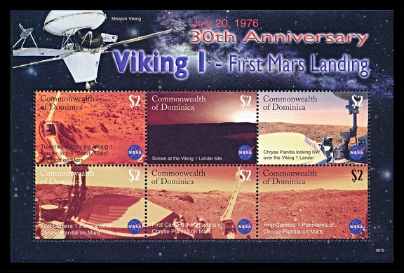 Item no. S693 (stamp)
Type: stamp
Country: Commonwealth of Dominica
Date of issue: 2006
Catalog number:
Set of 6 stamps in form of a souvenir sheet issued to commemorate the 30th anniversary of the first landing on Mars by the automatic space probe VIKING 1. The landing took place on 20th of July 1976. In the following days the probe took color photographs of the lander's surroundings and transmitted them to Earth. Reproductions of six of them are presented by the stamps.
Item no. S693 (stamp).jpg