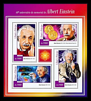 Item no. S697 (stamp)
Type: stamp
Country: Sao Tomé e Principe
Date of issue: 2015
Catalog number:
Souvenir sheet of 4 stamps, issued to commemorate the 60th anniversary of death of ALBERT EINSTEIN (1879 – 1955), German-born American theoretical physicist. The design of the bottom left stamp (side-turned image) was a graphic representation based on a photographic portrait taken in 1948 by Canadian portrait photographer YOUSUF KARSH (1908 – 2002).
The upper left stamp show the physicist in similar manner, based on a photographic portrait taken in 1947 by Philippe HALSMAN (1906 – 1979), American portrait photographer.
The photographer was one, who had escaped Nazi Germany with Einstein’s help. Meeting together, Halsman held a camera while he chatted with Einstein. He asked the scientist if he believed there could ever be a lasting peace.
Einstein answered with weary resignation,
“No, as long as there will be man, there will be war.”
At that moment Halsman clicked his shutter and captured Einstein’s sadly knowing eyes for what became a famous portrait.
Item no. S697 (stamp).jpg