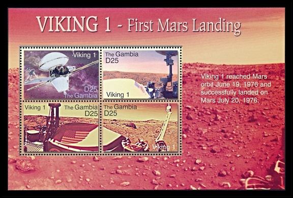 Item no. S707 (stamp)
Type: stamp
Country: Gambia
Date of issue: 2006
Catalog number: Michel 5713 - 5716
Set of 4 stamps in form of a souvenir sheet issued to commemorate the 30th anniversary of the first landing on Mars by the automatic space probe VIKING 1. The landing took place on 20th of July 1976. In the following days the probe took color photographs of the lander's surroundings and transmitted them to Earth. Reproductions of three of them are presented by the stamps.
Item no. S707 (stamp).jpg