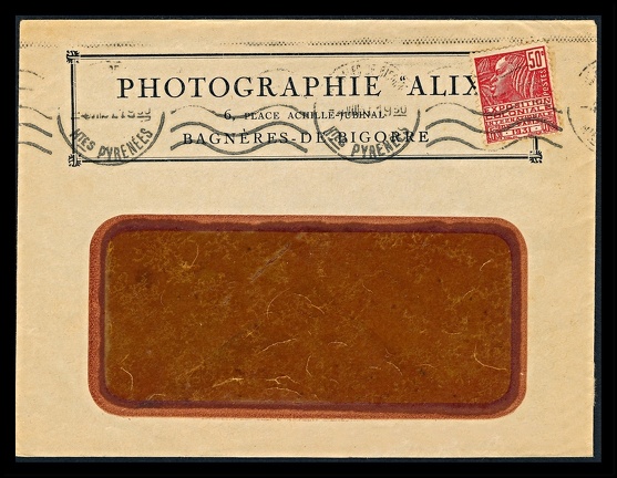 Item no. P2562 (cover)
Type: cover
Country: France
Date of use: 1930
Business stationery (cover) used by the studio PHOTOGRAPHIE “ALIX” in Bagnères-de-Bigorre (France). The studio was founded in 1907 by Alice Eyssalet. In 2005 the Alix photographic collection (Eyssalet-Ardouin) was donated by the Eyssalet family to the city of Bagnères-de-Bigorre. The collection contained around 700 000 photographs on paper, glass plate negatives, paper negatives, rolls of films taken by the Alix studio from 1907 to 1961. A VISUAL MEMORY OF THE CITY AND BIGORRE
The Alix photographic collection makes it possible to retrace the evolution of the Bigorre throughout the last century. The photographs cover the industrialization of the region (factories, dams, power stations, etc.) as much as tourism, hydrotherapy and skiing or even local events (flower festivals, sporting events, concerts).
It constitutes a true visual memory of the events of the 20th century.
Item no. P2562 (cover).jpg