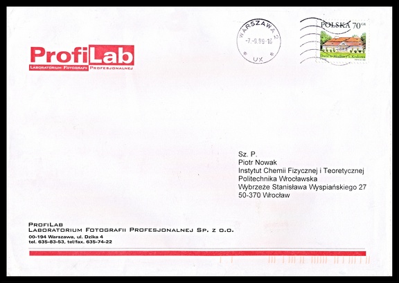 Item no. P2543 (cover)
Type: cover
Country: Poland
Date of use: 7 September 1999
Business stationery (cover) used by the company PROFILAB Laboratorium Fotografii Profesjonalnej in Warsaw (Warszawa, Poland). ProfiLab is a company created to provide comprehensive services to professional photographers, advertising agencies and many companies using the highest quality imaging techniques, dealing with broadly understood photography, designing exhibition stands and interior design. It makes large-format enlargements, posters and advertising foils using traditional and digital technologies.
Item no. P2543 (cover).jpg