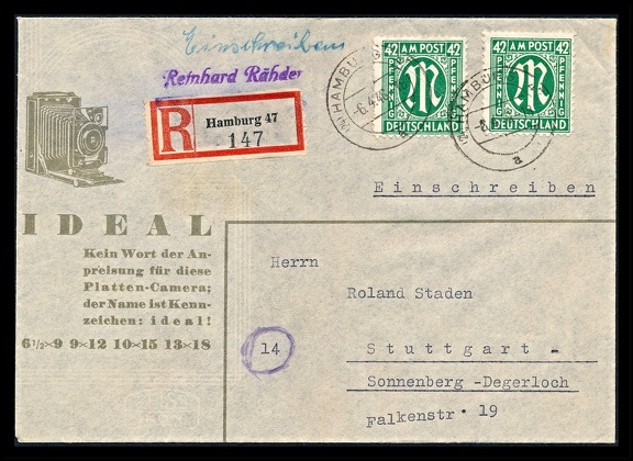 Item no. P2566a (cover)
Type: cover
Country: Germany
Date of use: 6 April 1946
Business stationery (cover, front of) used by the company ZEISS IKON Gesellschaft in Dresden (Germany). After the Second World War, in some places there were stocks of unused business envelopes from various companies which, due to the lack of clean envelopes in sale, were used by private persons for their correspondence – as in this case, by Mr. Reinhard Rähder of Hamburg.
Item no. P2566a (cover).jpg