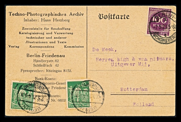 Item no. P2581a (postcard)
Type: cover
Country: Germany
Date of use: 7 May 1923
Business stationery (postcard, front of) used by the company TECHNO-PHOTOGRAPHISCHES ARCHIV (inhaber Hans Herzberg) in Berlin-Friedenau, photographic agency owned by Hans Herzberg. The agency supplied photographs (mostly of own make) for publishing purposes e.g. in books.
Item no. P2581a (postcard).jpg
