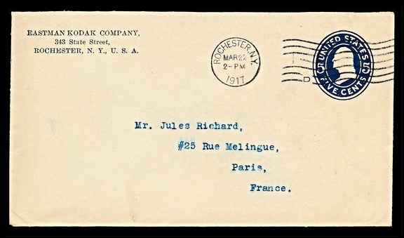 Item no. P2611 (cover)
Type: cover
Country: USA
Date of use: 22 March 1917
Business stationery (cover) used by the company EASTMAN KODAK COMPANY in Rochester (New York, USA), manufacturer of photographic materials (plates, films, papers, chemicals) and cameras. The letter was addressed to addressed to the company JULES RICHARD in Paris (France), manufacturer of stereoscopic cameras (e.g. Vérascope and Glyphoscope), and various scientific instruments.
Item no. P2611 (cover).jpg