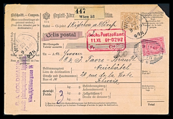 Item no. P2621 (dispatch form)
Type: cover
Country: Austria
Date of use: 9 November 1901
Business stationery parcel dispatch form (waybill, paketkarte) used by the company R. A. GOLDMANN Fabrik Photographischer Apparate in Vienna (Wien, Austria), Austrian camera manufacturer founded in 1888.
Item no. P2621 (dispatch form).jpg