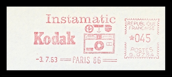 Item no. M589 (meter)
Type: frankmark
Country: France
Date of use: 3 July 1963
Red meter advertising the pocket camera KODAK Instamatic.
Item no. M589 (meter).jpg
