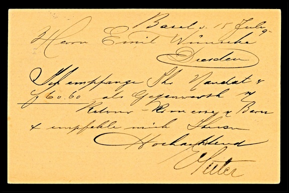 Item no. P2751b (postcard)
Type: cover
Country: Switzerland
Date of use: 15 August 1892
Postcard (back of) used for commercial correspondence by the company Manufacture d’Optique EMIL SUTER S.A. in Basel (Switzerland), manufacturer of photographic lenses, camera parts, and cameras, also importer of products of other makers. It was addressed to Emil Wünsche in Dresden (Germany), at that time photographic shop selling cameras of various makes. Later on E. Wünsche acquired three small photographic companies and developed into E. WÜNSCHE AG that manufactured many types of cameras, photographic accessories and materials.
Item no. P2751b (postcard).jpg