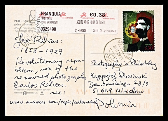 Item no. P2763 (cover)
Type: cover
Country: Portugal
Date of use: 21 September 2011
Cover of a letter sent to the “Photography in Philately” website owner, describing a stamp honoring José RELVAS, Portuguese politician and son of renowned photographer Carlos RELVAS (1838 – 1894), “the first amateur photographer in Portugal”.
Item no. P2763 (cover).jpg