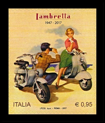 Item no. S740 (stamp)
Type: stamp
Country: Italy
Date of issue: 3 June 2017
Catalog number:
Stamp (self-adhesive) commemorating the 70th anniversary (1947 - 2017) of marketing the LAMBRETTA scooter. It shows image of a man photographing a woman sitting on the scooter.
Item no. S740 (stamp).jpg