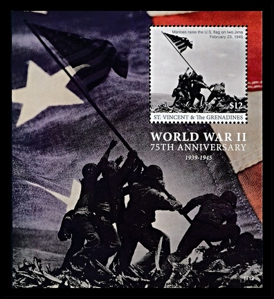 Item no. S742 (stamp)
Type: stamp
Country: St. Vincent
Date of issue: 2020
Catalog number:
Stamp, in form of a souvenir sheet, issued to honor 75th Anniversary of End of WW II. The design of the stamp is based on a photograph by Associated Press photojournalist JOE ROSENTHAL (1911 - 2006) Raising the US flag on the island Iwo Jima, at the Mount Suribachi taken on 23 February 1945.
Joe Rosenthal was awarded a Pulitzer Prize for this iconic photograph in 1945.
Item no. S742 (stamp).jpg