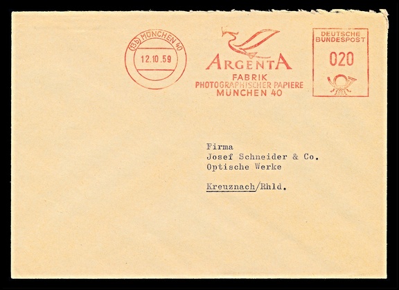 Item no. P2973a (cover)
Type: cover
Country: Germany
Date of use: 12 October 1959
Business stationery (cover, front of with relevant red advertising meter) used by the company ARGENTA Fabrik Photographischer Papiere in Munich (München, Germany), manufacturer of photographic papers.
The company was owned by Ludwig Müller.
Item no. P2973a (cover).jpg