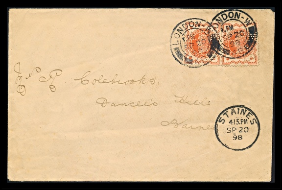 Item no. P2996a (cover)
Type: cover
Country: Great Britain
Date of use: 20 September 1898
Business stationery (cover, front of) used by the company KODAK in London (Great Britain), British branch of the American company Eastman Kodak Co. in Rochester (USA), manufacturer of photographic chemicals, plates and films. The postage stamps on the cover are “perfins” – i. e. stamps bearing small round holes punched to form pattern of letters or marks characteristic for the firm’s name – in this case acronym “EPMCo” (EPMCo for Eastman Photographic Materials Company).
Item no. P2996-a (cover).jpg