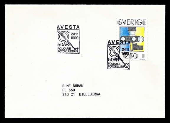 Item no. C291 (cancel)
Type: cancel
Country: Sweden
Date of use: 24 November 1990
Special cancel (on cover) used to commemorate the 50th anniversary of photographic club in Avesta (Sweden). The anniversary happens in the same year as the 150th Anniversary of Photography in Sweden.
Item no. C291 (cancel).jpg