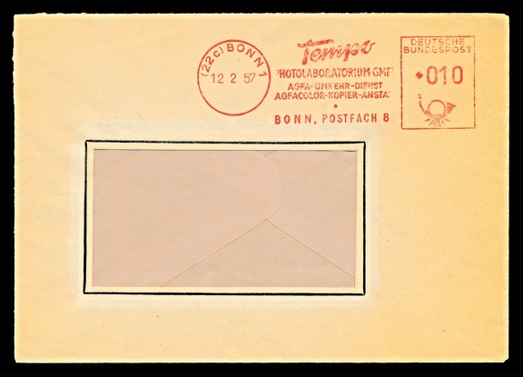 Item no. M604 (meter)
Type: frankmark
Country: Germany
Date of use: 23 April 1937
Red meter on cover advertising the company TEMPO Photolaboratorium GmbH in Bonn (Germany), photographic lab specialized in processing AGFA reversal and negative materials.
Item no. M604 (meter).jpg